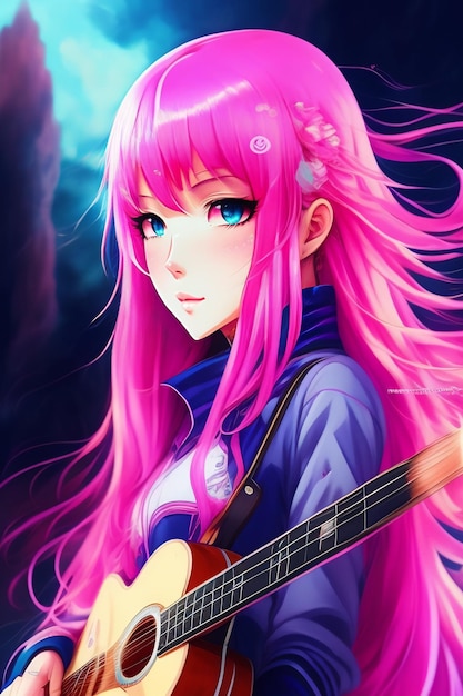 분홍색 머리와 기타를 가진 애니메이션 소녀