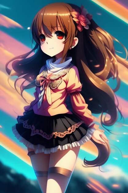 Anime girl with a red tail and black hair