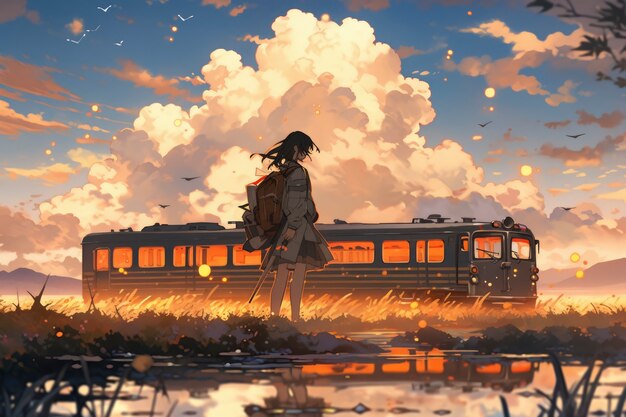 Anime landscape of person traveling