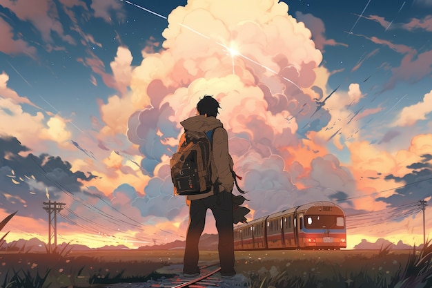 Foto gratuita paesaggio di anime di una persona che viaggia