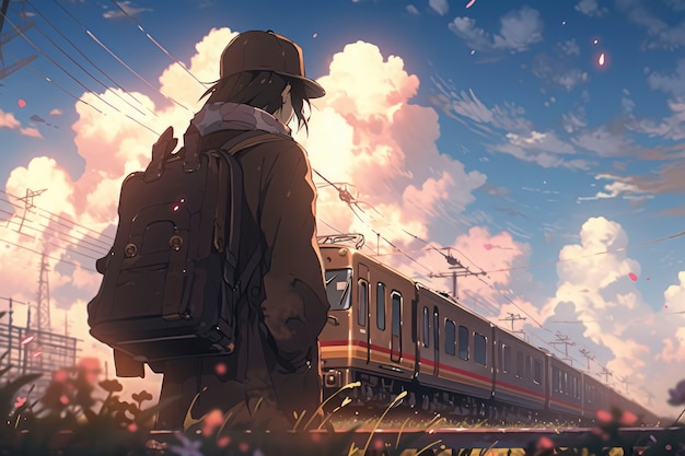 Foto gratuita paesaggio di anime di una persona che viaggia