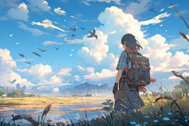 Anime landscape of person traveling