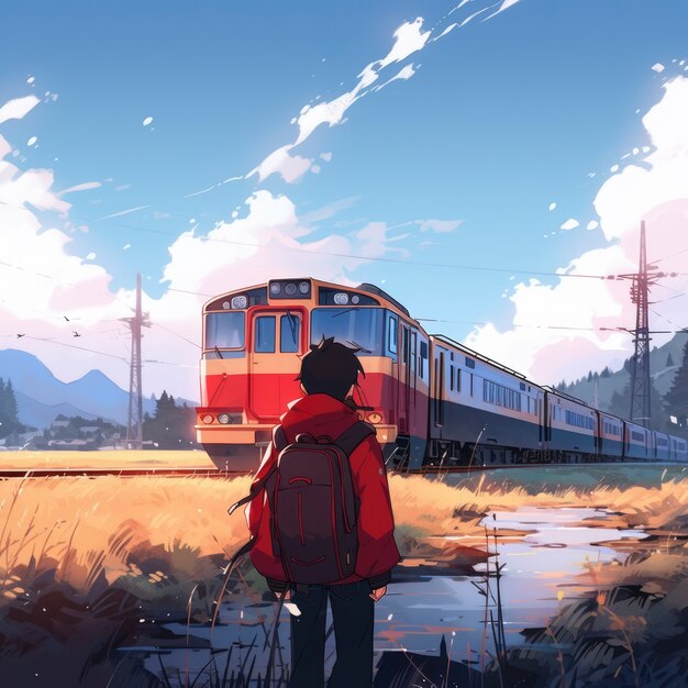 anime landscape of train traveling