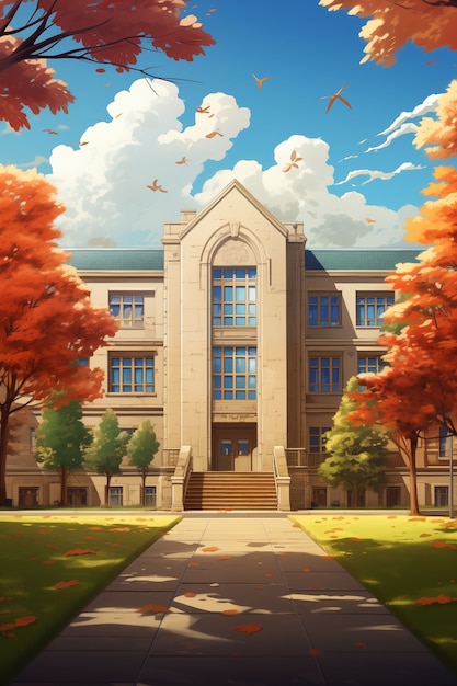 Free photo anime school building illustration