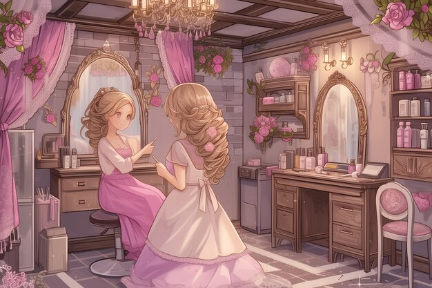 Anime style beauty salon with cosmetology equipment