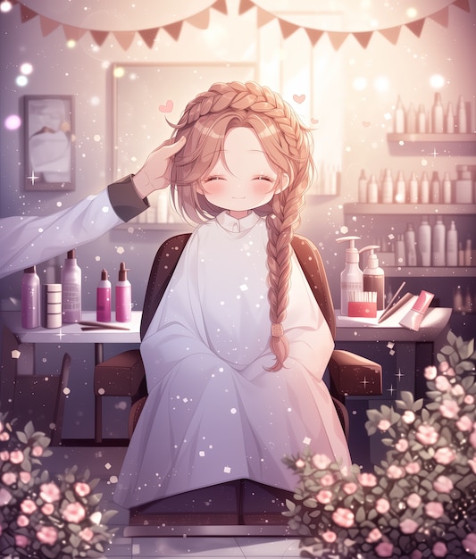 Anime style beauty salon with cosmetology equipment