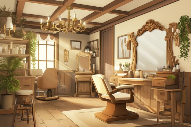 Anime style beauty salon with cosmetology equipment