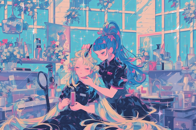 Anime style beauty salon with cosmetology equipment