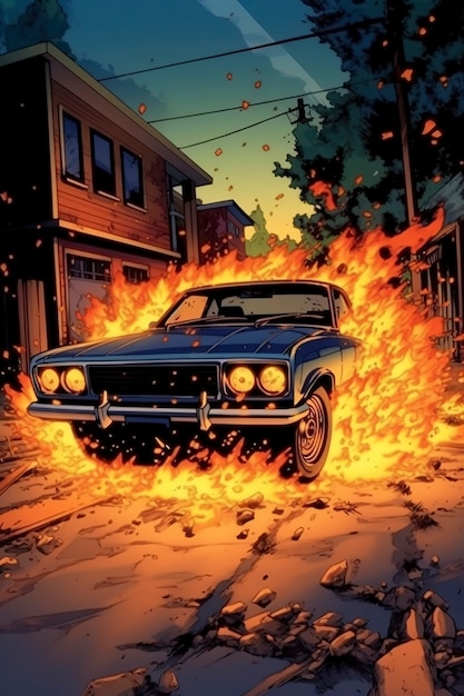 Anime style car with fire
