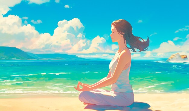 Anime style character meditating and contemplating mindfulness