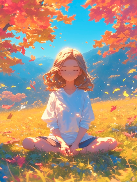 Anime style character meditating and contemplating mindfulness