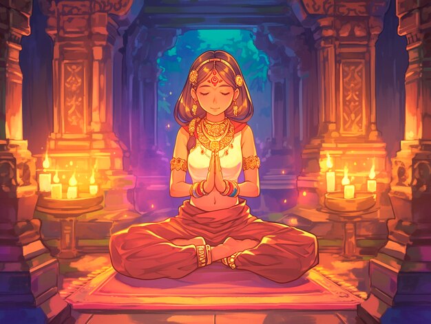 Anime style character meditating and contemplating mindfulness