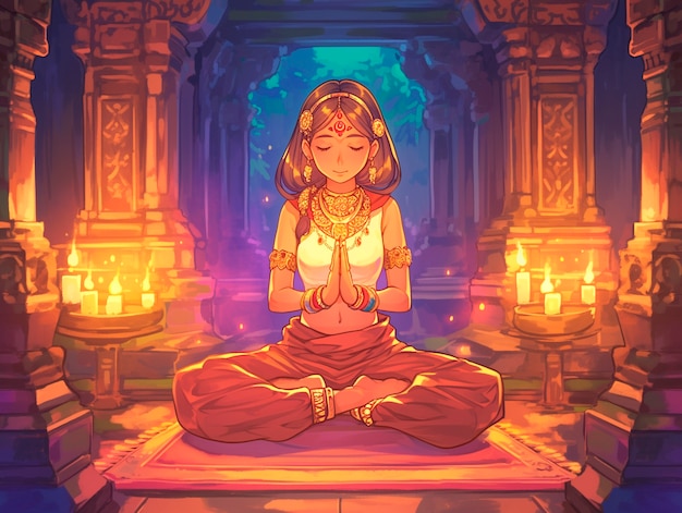 Anime style character meditating and contemplating mindfulness