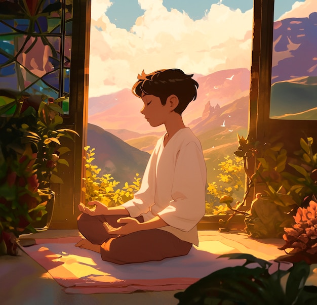 Free photo anime style character meditating and contemplating mindfulness