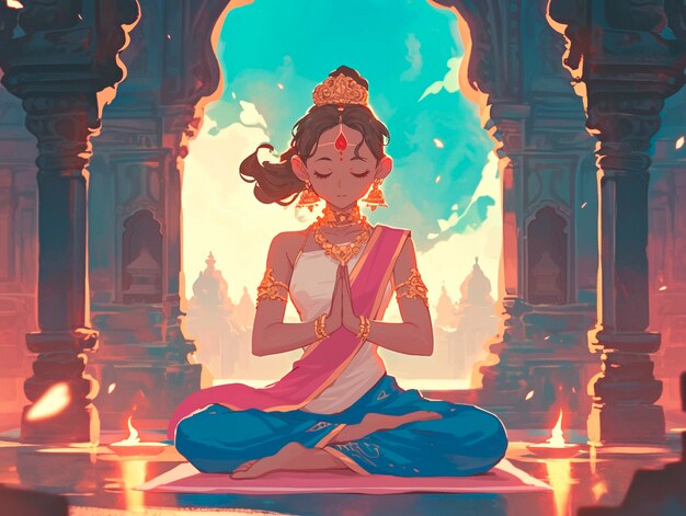 Anime style character meditating and contemplating mindfulness