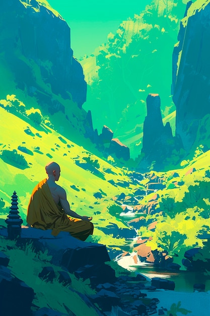Anime style character meditating and contemplating mindfulness