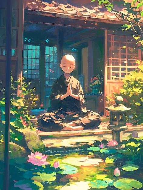 Free photo anime style character meditating and contemplating mindfulness