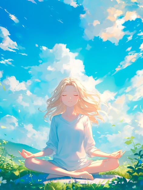 Anime style character meditating and contemplating mindfulness