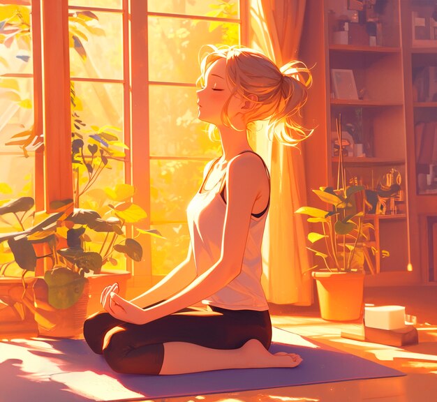 Anime style character meditating and contemplating mindfulness