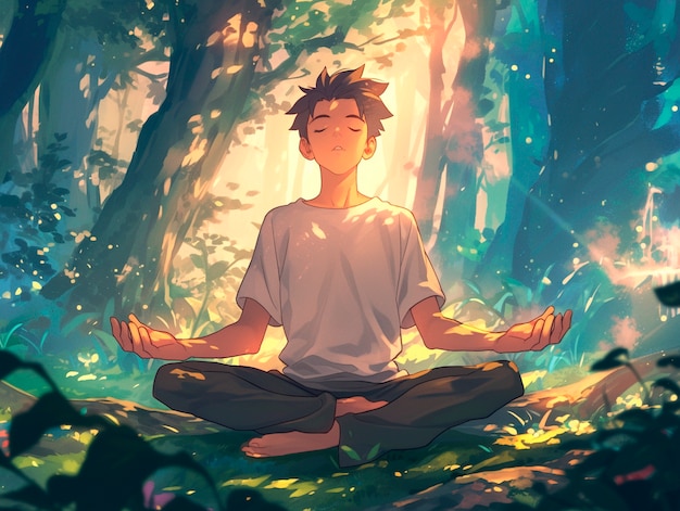 Free photo anime style character meditating and contemplating mindfulness