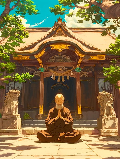 Anime style character meditating and contemplating mindfulness