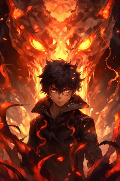 Anime style character with fire and flames