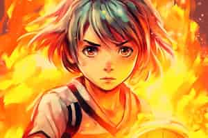 Foto gratuita personaggio in stile anime con fuoco e fiamme