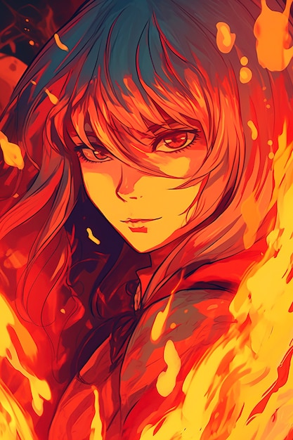 Персонаж в стиле аниме с огнем и пламенем