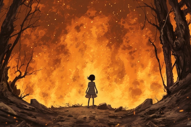 Foto gratuita personaggio in stile anime con fuoco e fiamme