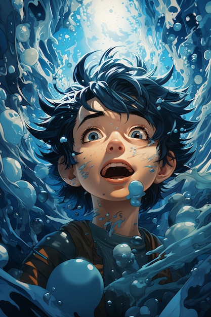 Foto gratuita personaggio in stile anime con acqua