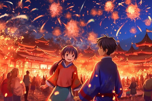 Anime style characters with fireworks