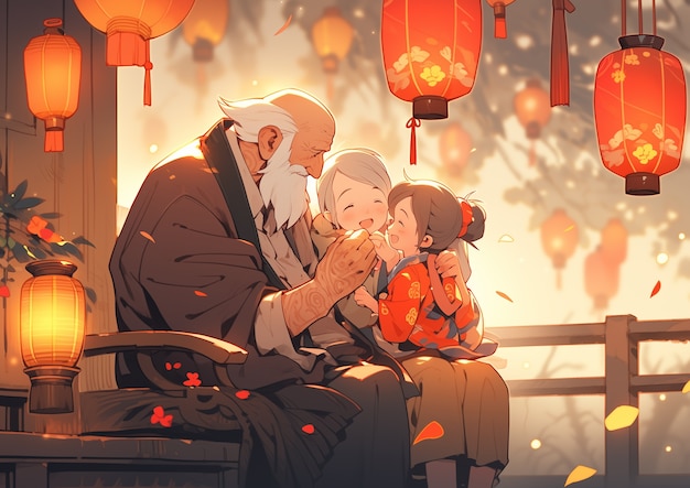 애니메이션 스타일의 중국 새해 축제 장면