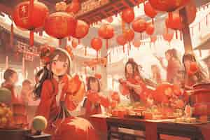 무료 사진 애니메이션 스타일의 중국 새해 축제 장면