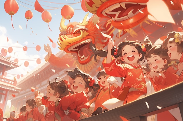 Free photo anime style chinese new year celebration scene