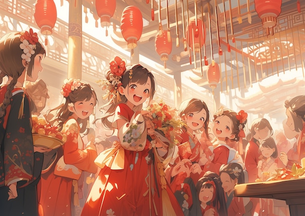 Сцена празднования китайского Нового года в стиле аниме