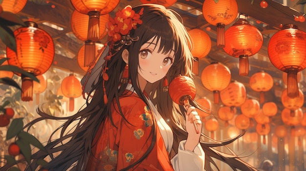 Anime style chinese new year celebration scene