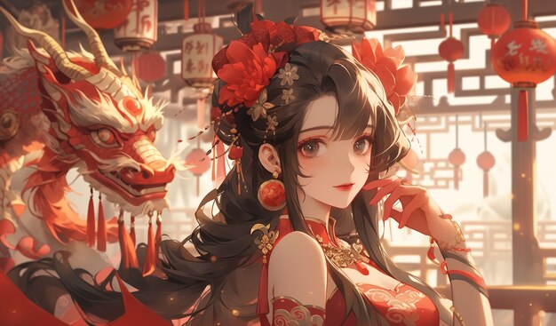 アニメスタイルの中国新年祝賀シーン