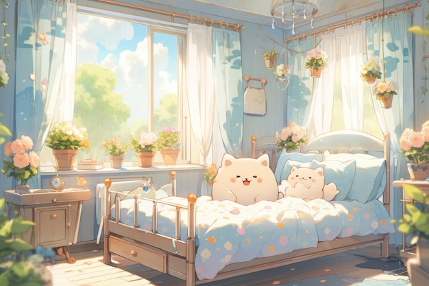 Anime style cozy home interior with furnishings