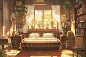 Бесплатное фото Уютный интерьер дома в стиле аниме с мебелью