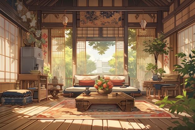 Free photo anime style cozy home interior with furnishings