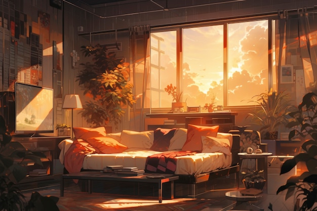 アニメスタイルの居心地の良い家具のインテリア
