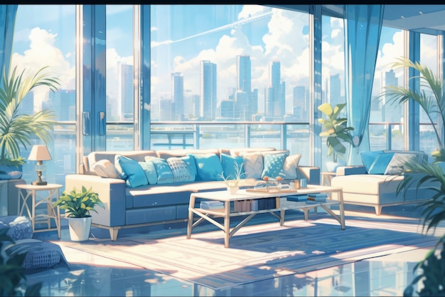 Anime style cozy home interior with furnishings