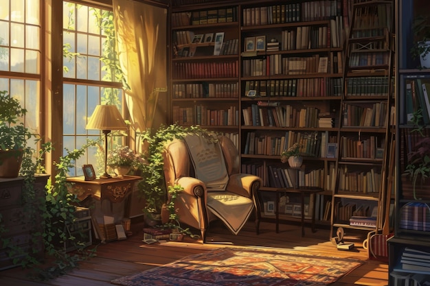 Уютный интерьер дома в стиле аниме с мебелью