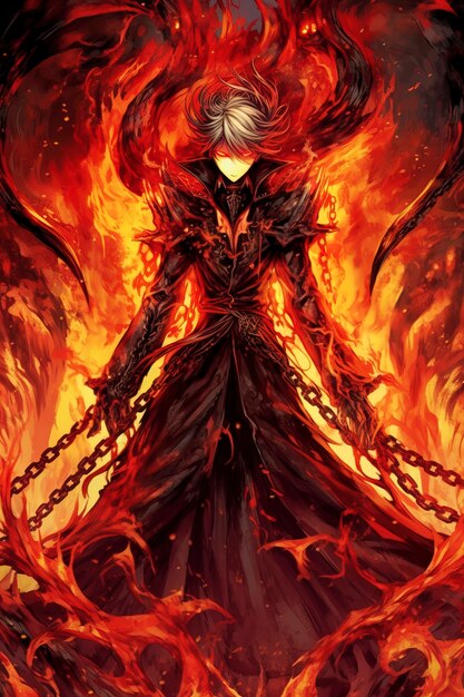 Anime style evil character with fire and flames
