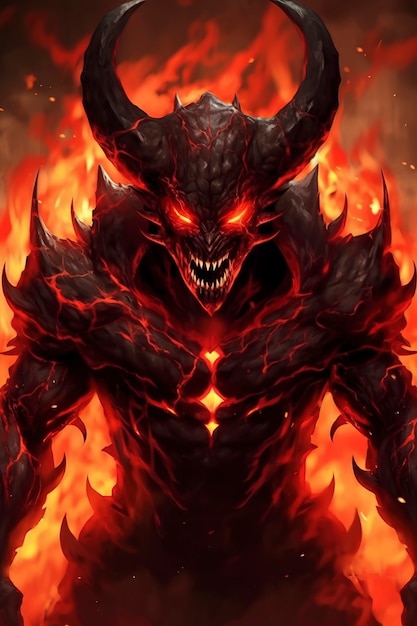 Anime style evil character with fire and flames