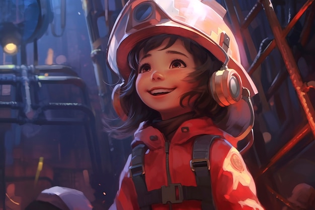 Anime style fireman character with fire