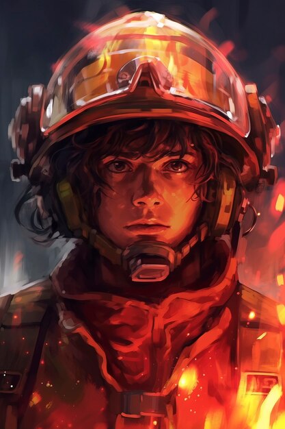 Anime style fireman character with fire
