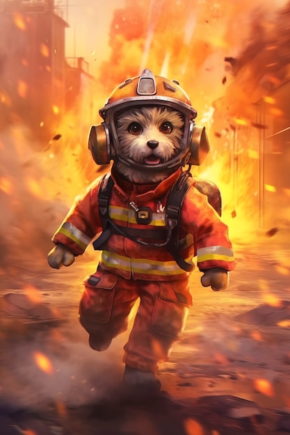 Пожарный персонаж в стиле аниме с огнем