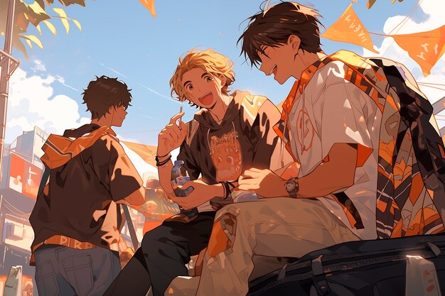 Anime style group of boys spending time together and enjoying their friendship