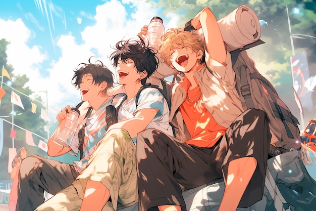 Anime style group of boys spending time together and enjoying their friendship